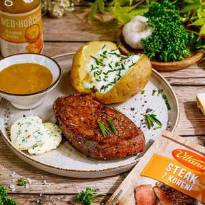 Recept: Grilovaný steak s bylinkovým maslom a pečeným zemiakom